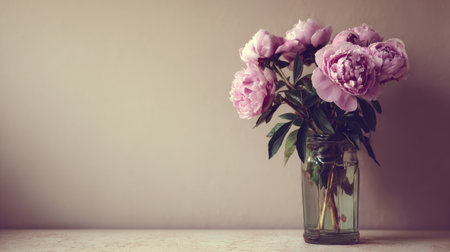 A bouquet of pink peonies in a clear glass vase on a table.の素材