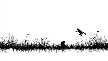 Silhouetted frogs in various poses amidst grass and weeds.の素材