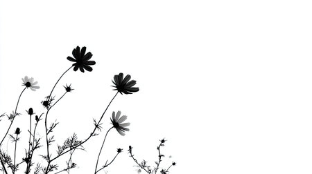 Black and white silhouette of delicate flowers against a stark white background.の素材