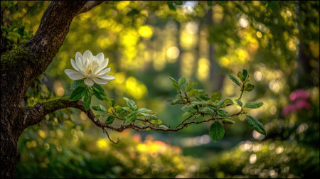 View of a single, perfectly formed white flower blooming on a textured, moss-covered tree branch that extends horizontally across the frame. The background is a richly blurred expanse of green foliage illuminated by warm, dappled sunlight creating prominent yellow and white bokeh effects, suggesting a magical or deeply tranquil garden setting during the day.の素材