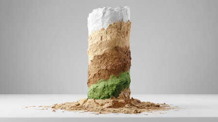 Visually striking representation of layered cosmetic powders or different types of soil strata displayed as a tall, cylindrical column against a neutral, light gray background, with loose material spilled at the base.の素材