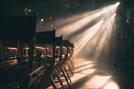 Dimly lit interior space, featuring numerous empty director's chairs arranged in rows.  Dramatic light beams from spotlights pierce the darkness, casting strong shadows on the floor. The overall atmosphere is suggestive of a  or theater production.の素材