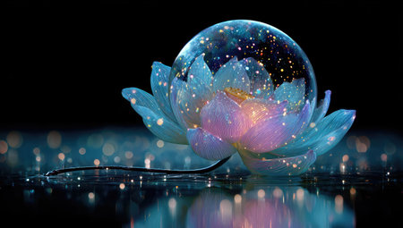Digital illustration of a lotus flower encased within a luminous sphere, with a dark background and glittering reflections. The flower's petals are vibrant, translucent colors and the entire piece has a magical or fantasy-like quality.の素材