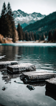 Serene scene of a stone walkway leading across a calm lake, with towering mountains and a lush forest in the background.  The water reflects the surrounding scenery, creating a tranquil atmosphere.の素材
