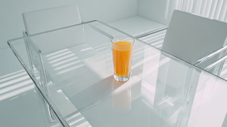 Minimalist dining scene featuring a clear glass table with a tall glass of orange juice, and two matching transparent chairs. The room is bright and clean, creating a sense of spaciousness and style. The scene is ideal for showcasing interior design, furniture, and minimalist aesthetics.の素材