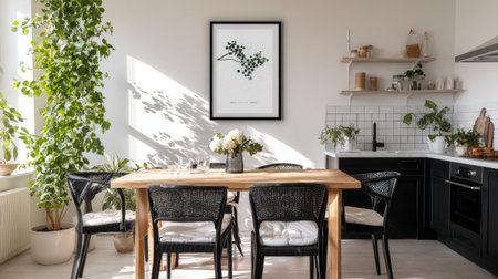 Bright and airy dining area, featuring a wooden dining table with black wicker chairs, surrounded by lush greenery in large pots. Natural light streams into the space, highlighting the minimalist decor, which includes a framed botanical print. A modern kitchen with black cabinetry and white subway tile backsplash is visible in the background.の素材