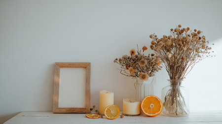 Display of dried flower arrangements, candles, and citrus fruit slices on a light-colored wooden surface.  A simple wooden frame is also included in the arrangement. The overall color palette is warm and neutral.の素材