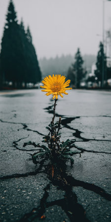 Vibrant yellow flower stands tall and resolute amidst the cracks in a dark gray asphalt road.  The flower's resilience is highlighted against the broken, weathered surface of the pavement. The image showcases a powerful contrast between the delicate flower and the rough, cracked pavement.  It evokes themes of growth, overcoming adversity, and strength in nature.の素材
