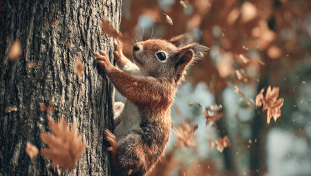 Small red squirrel is seen clinging to the side of a tree trunk, surrounded by falling autumn leaves. The image features sharp focus on the squirrel and the tree bark, while the background displays blurred leaves in the air.の素材