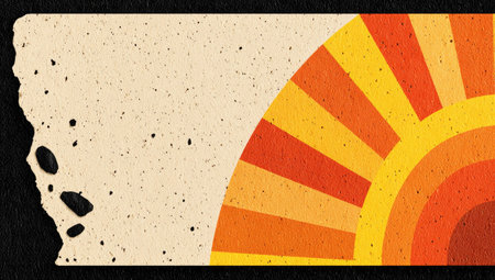 Graphic design featuring a textured, distressed background with a sunburst pattern in shades of orange and yellow. The textured background is made up of mottled spots and has torn edges.の素材
