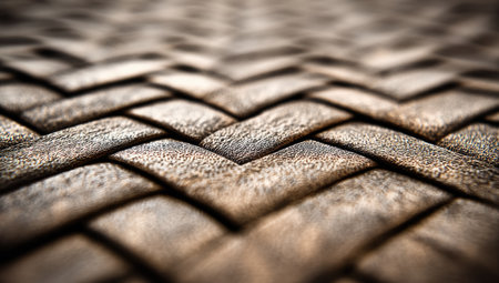 Extremely close-up view of a woven or interlocked pattern. The image showcases the intricate detail of the squares and lines forming the pattern. The muted tones of browns and grays create depth and texture, and the light and shadow enhance the three-dimensional effect of the woven material.の素材