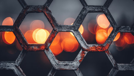 Close-up view of a metal grid, patterned with hexagons. The grid is in front of a blurry background of warm orange and yellow lights, creating a bokeh effect. The grid's metal has a dark gray color and some areas of rust.の素材