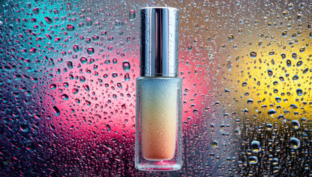 Clear cosmetic bottle with a metallic cap is displayed against a window pane covered in water droplets.  The window pane is reflecting vibrant colors, creating an interesting visual contrast. The bottle's design is highlighted by the interplay of light and droplets.の素材