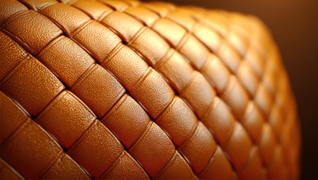 Detailed, close-up view of a richly colored, woven leather texture.  The pattern is made up of tightly interwoven squares. The surface appears smooth and shiny, suggesting a high-quality material. The color is a deep golden-brown, with highlights that give it a luxurious appearance.の素材