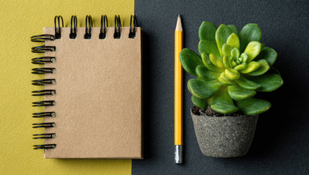 Spiral-bound notebook in a neutral beige color sits next to a small succulent plant in a dark gray pot with a yellow pencil resting between them on a divided yellow and dark gray background.の素材