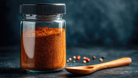 Clear glass jar, filled with a vibrant orange spice blend, is centrally featured on a dark surface. A wooden spoon with scattered peppercorns nearby adds a rustic touch to the still life composition.の素材
