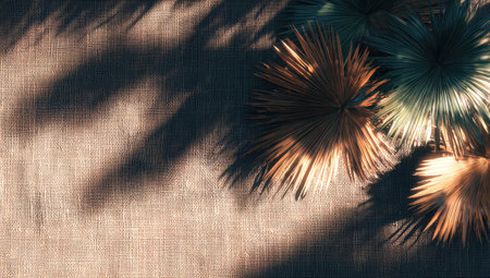 Overhead view of decorative palm leaves arranged on a textured fabric surface, showcasing the interplay of light and shadow. The leaves display a variety of warm tones and are contrasted against the muted tones of the fabric.  The shadows cast by the leaves highlight the surface's texture and create depth in the image.の素材