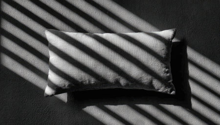 Gray rectangular pillow rests on a textured surface.  The surface is illuminated by strong sunlight filtering through vertical blinds, casting long, parallel shadows. The image is in black and white. The pillow exhibits a subtle texture.の素材
