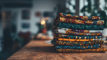 Stack of vibrant, patterned fabrics of various colors and designs sits on a wooden table. The fabrics are neatly piled on top of each other, showcasing a rich array of textures and patterns.の素材