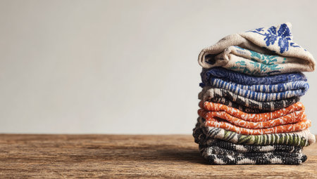 Stack of various colorful patterned cloths are displayed on a wooden surface.  The cloths are in a variety of colors and patterns. The stack is neatly arranged, creating a visually appealing display.の素材