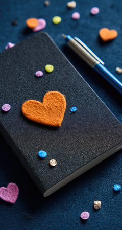 Black journal with an orange heart-shaped embellishment and small colorful accents.  A pen rests near the journal.  Various small colorful hearts and dots are scattered on a dark blue surface.の素材