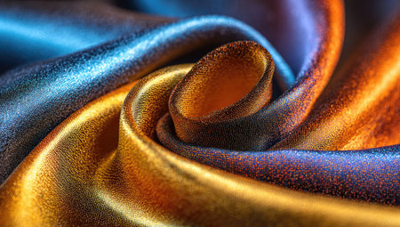 Detailed close-up view of flowing, multicolored fabric with a smooth, shiny texture.  The fabric's folds and colors create an intricate pattern.  The image showcases the richness and elegance of the material.の素材