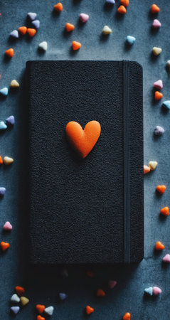 Black notebook with a textured surface lies on a dark-gray surface. A small, orange heart-shaped object is placed on the center of the notebook, surrounded by a scattering of small, colorful heart-shaped candies.の素材