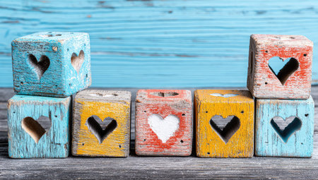 Row of colorful wooden blocks, each featuring a cutout heart shape. The blocks are stacked unevenly and exhibit a rustic, distressed painted look. The colors are a mixture of pastel shades including various shades of blue, red, orange, and yellow. The image is well-lit and displays the details of the painted wood grain and the cutouts.の素材