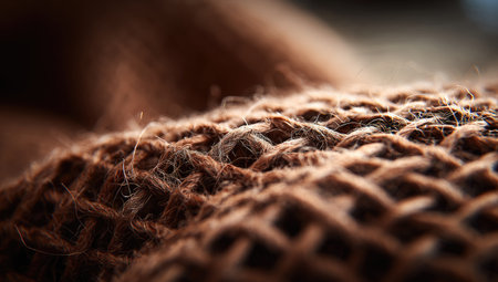 High-resolution, detailed close-up image of the intricate weave of a brown knitted fabric. The image focuses on the texture and pattern created by the interwoven threads, showcasing the threads' individual strands and the overall structure of the fabric.の素材