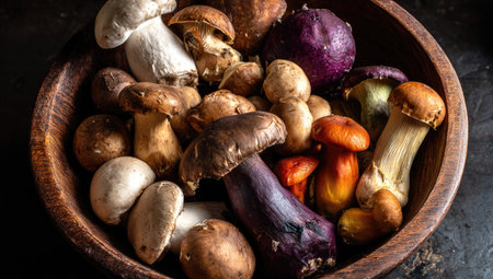 Close-up view of a wooden bowl filled with a diverse selection of mushrooms in various shapes, sizes, and colors.  The mushrooms are arranged tightly together, filling the bowl. The image showcases the rich textures and colors of the different types of mushrooms.  The lighting emphasizes the details of the mushroom caps and stems.の素材