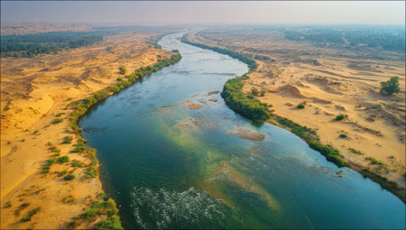 High-angle view of a river flowing through a desert landscape.  The river is a vibrant teal color, contrasted with the golden-yellow sand dunes. Lush green vegetation lines the riverbanks.  The image captures the dramatic beauty of the desert environment.の素材