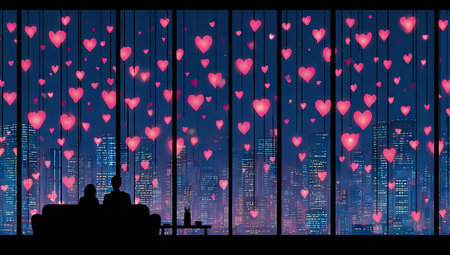 Digital illustration of a couple sitting on a couch inside a room, looking out at a cityscape at night.  Many pink hearts are hanging from above, creating a romantic atmosphere.の素材