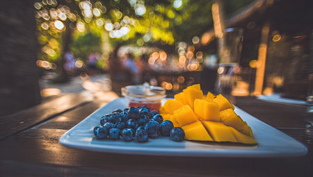 Plate of sliced mango and blueberries is displayed on a wooden outdoor table. The background features a blurred outdoor setting with bokeh effect, suggesting a relaxed and casual atmosphere. The focus is on the fresh fruit, with a clear view of the textures and colors.の素材
