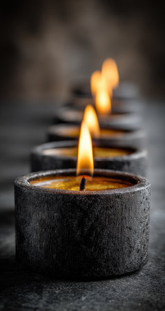 Row of dark-colored tea light candles, lit and displaying warm, yellow flames. The candles are arranged in a slightly blurred row against a dark background. The focus is primarily on the candles in the center of the row.の素材