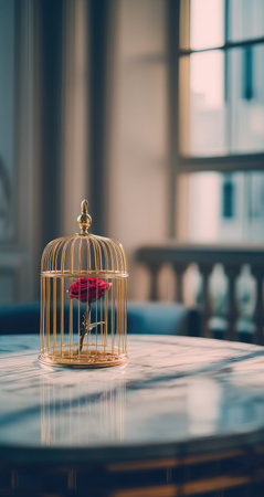 Single, deep red rose is encased within a decorative, golden birdcage. The cage sits atop a polished, marbled table, which is a light bluish-gray color with white veining.  The image evokes a sense of elegance and tranquility.  The lighting is soft and diffused.の素材