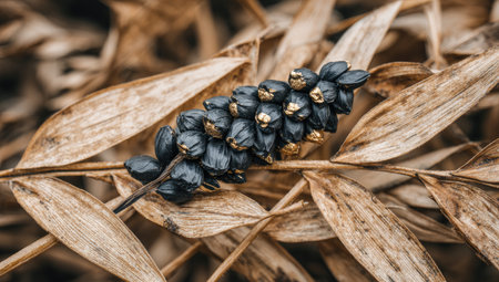 Detailed close-up view of a cluster of dark-colored seeds, likely a part of a plant, set against a backdrop of dried, light brown leaves.  The seeds are embellished with small golden highlights, creating a contrasting visual effect. The focus is on the intricate details of the seeds and their arrangement. The overall image exudes a sense of natural beauty and intricate artistry.の素材