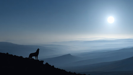 Silhouette of a wolf stands on the summit of a mountain range.  The scene is bathed in a pale blue light with misty layers of mountains and a bright sun overhead.の素材