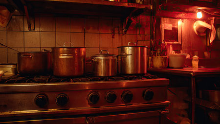 Dimly lit commercial kitchen, featuring various pots and pans on a stainless steel stove. The image's color palette is warm and dark, evoking a cozy and atmospheric cooking environment.の素材