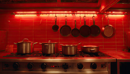 Stainless steel stove with pots and pans hanging from a rack above a red tiled backsplash.  The stovetop is in focus, along with the hanging pots and pans, and the tiled wall.の素材