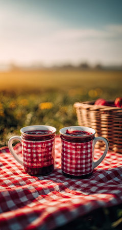 Two white mugs with red and white checkered patterns, containing a berry-based drink, sit on a red and white checkered picnic blanket outdoors. A wicker basket containing fruit is in the background, and a field stretches into the distance.の素材