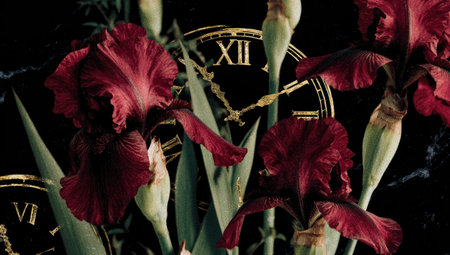 Close-up view of a design featuring deep crimson irises with detailed petals and stems, overlaid with antique clocks in gold on a dark background. The image conveys a sense of timeless beauty and artistic detail.の素材