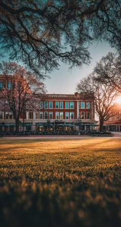 Brick building stands in a park, with lush grass and trees surrounding it. The image is taken at sunset, casting a warm glow over the scene.の素材