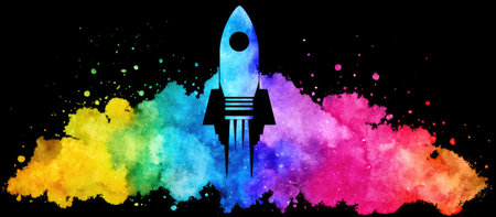 Stylized rocket ship graphic against a backdrop of colorful watercolor splashes. The vibrant hues and abstract design create a dynamic and energetic visual.の素材