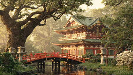 Serene landscape featuring a traditional Japanese temple, a picturesque arched bridge, and a calm pond surrounded by lush greenery and mature trees.  The image displays a sense of tranquility and harmony with the subtle interplay of light and shadow in the early morning light.の素材