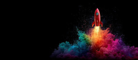 Red rocket is depicted launching upward from a vibrant colorful explosion of particles against a black background.の素材