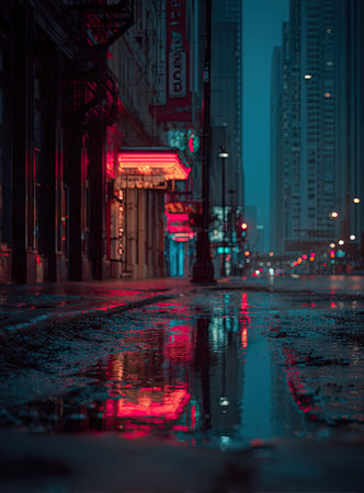City street scene at night, featuring a puddle reflecting the vibrant neon lights of a nearby building. The water is still, allowing for vivid reflections of the city's illuminated structures and signs.  The scene is dark and atmospheric, with rain-slicked pavement and dark buildings surrounding the puddle.の素材