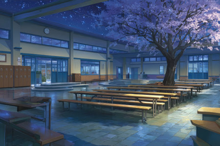 Illustration of a school courtyard at night, featuring a large blossoming tree in the center, with wooden tables and benches arranged for a lunchtime or break. The scene is bathed in soft, muted colors, suggesting a calm and peaceful atmosphere.  The overall design is aesthetically pleasing and detailed, including the wet pavement and the structure of the building.の素材