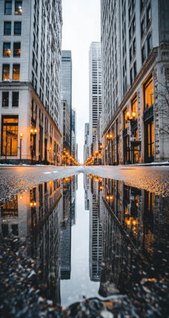 Puddle on a city street, reflecting the tall buildings around it.  The image captures the city's architecture, lighting, and the way water reflects the urban landscape.  The perspective is low to the ground, focused on the puddle.の素材