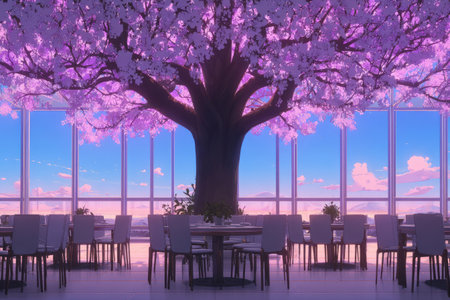 Indoor restaurant with large windows overlooking a tranquil cityscape.  A large cherry blossom tree occupies the center of the space, bathed in soft pastel colors.  The restaurant is designed with modern and airy decor, creating a harmonious blend of nature and urban views.の素材