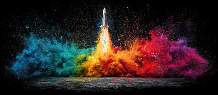 Rocket blasts off into a dark night sky, surrounded by a vibrant explosion of colorful powder. The powder trails are in a rainbow of colors.の素材